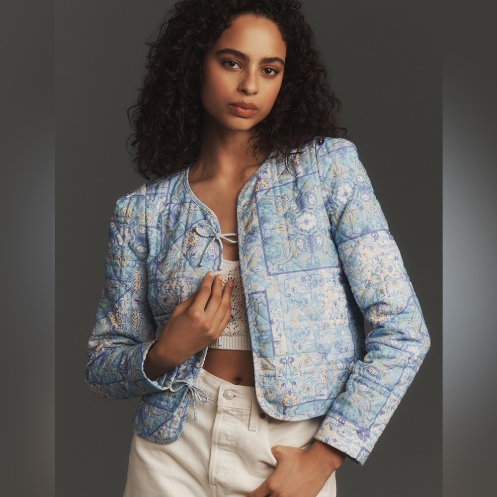 Anthropologie Dolan Blue Quilted Bow Front Lady Jacket NWT Size Medium